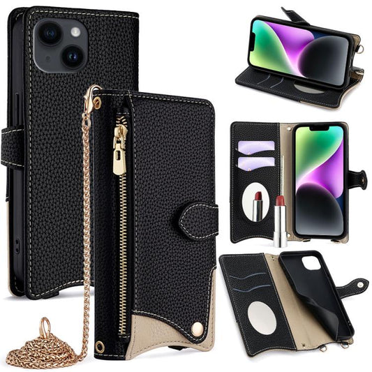 For iPhone 14 Plus Crossbody Chain Fishtail Litchi Leather Phone Case(Black) - iPhone 14 Plus Cases by buy2fix | Online Shopping UK | buy2fix