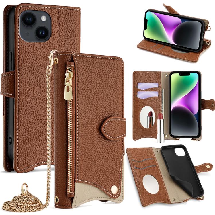 For iPhone 14 Plus Crossbody Chain Fishtail Litchi Leather Phone Case(Brown) - iPhone 14 Plus Cases by buy2fix | Online Shopping UK | buy2fix