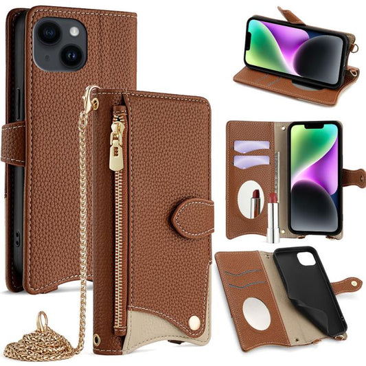 For iPhone 14 Plus Crossbody Chain Fishtail Litchi Leather Phone Case(Brown) - iPhone 14 Plus Cases by buy2fix | Online Shopping UK | buy2fix