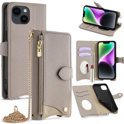 For iPhone 14 Plus Crossbody Chain Fishtail Litchi Leather Phone Case(Grey) - iPhone 14 Plus Cases by buy2fix | Online Shopping UK | buy2fix