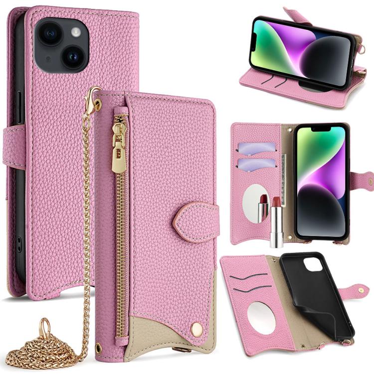 For iPhone 14 Plus Crossbody Chain Fishtail Litchi Leather Phone Case(Pink) - iPhone 14 Plus Cases by buy2fix | Online Shopping UK | buy2fix