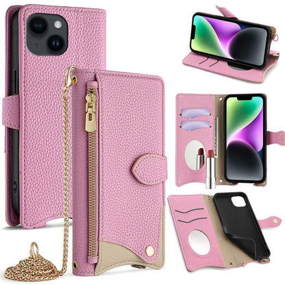 For iPhone 14 Plus Crossbody Chain Fishtail Litchi Leather Phone Case(Pink) - iPhone 14 Plus Cases by buy2fix | Online Shopping UK | buy2fix