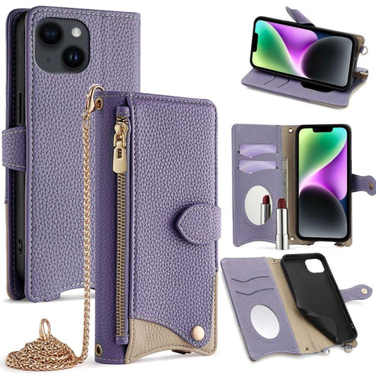For iPhone 14 Plus Crossbody Chain Fishtail Litchi Leather Phone Case(Purple) - iPhone 14 Plus Cases by buy2fix | Online Shopping UK | buy2fix