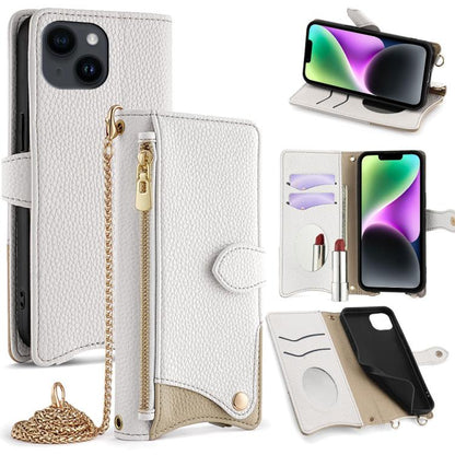 For iPhone 14 Plus Crossbody Chain Fishtail Litchi Leather Phone Case(White) - iPhone 14 Plus Cases by buy2fix | Online Shopping UK | buy2fix