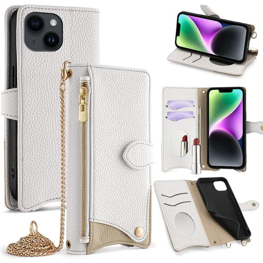 For iPhone 14 Crossbody Chain Fishtail Litchi Leather Phone Case(White) - iPhone 14 Cases by buy2fix | Online Shopping UK | buy2fix