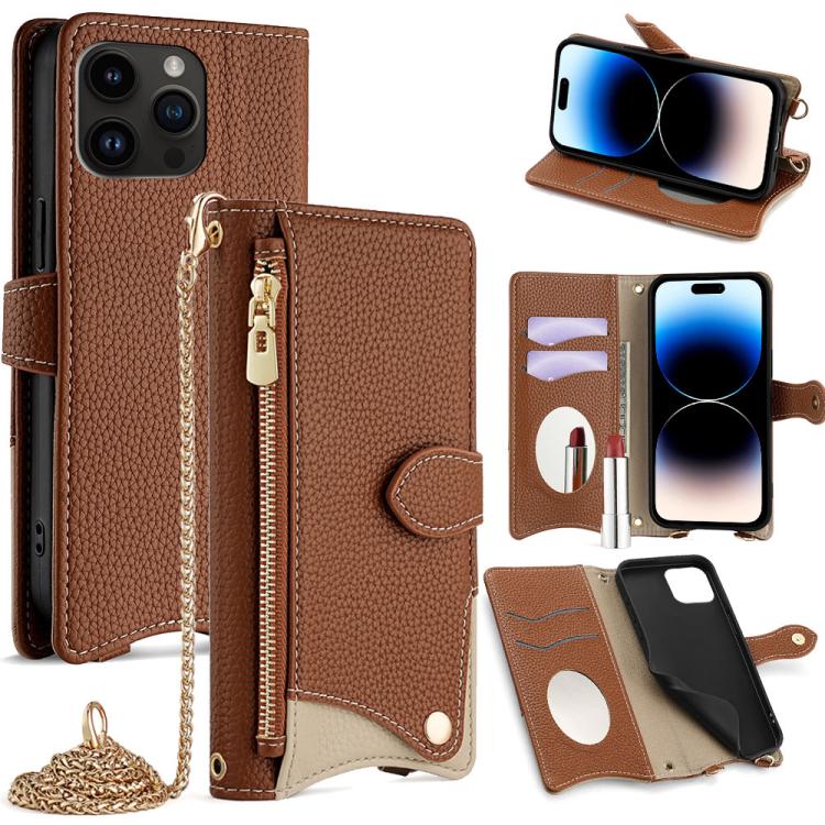 For iPhone 14 Pro Crossbody Chain Fishtail Litchi Leather Phone Case(Brown) - iPhone 14 Pro Cases by buy2fix | Online Shopping UK | buy2fix