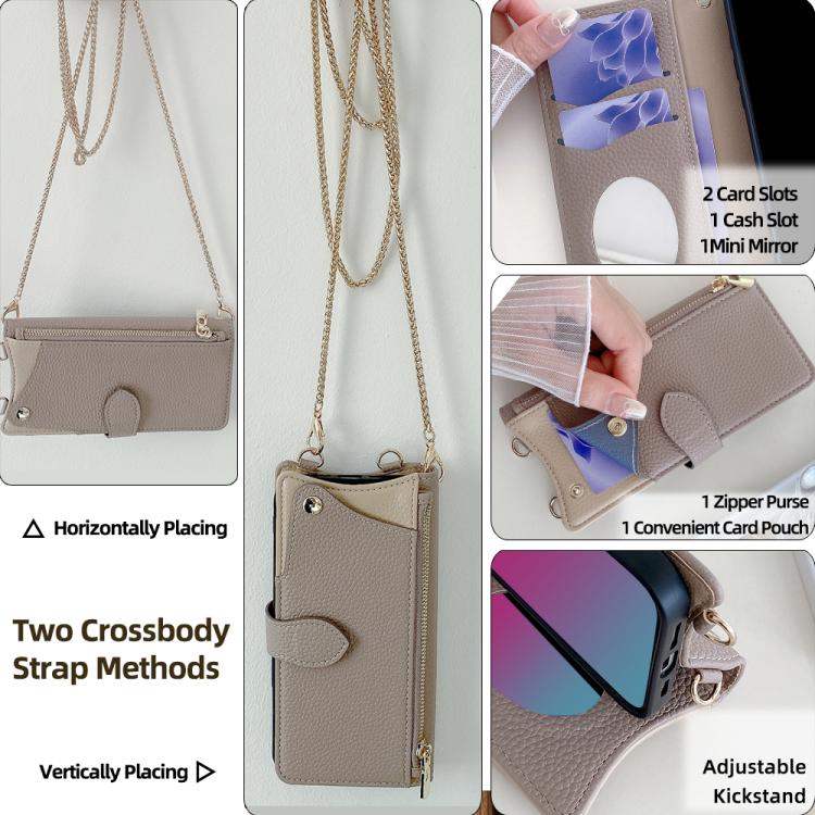 For iPhone 14 Pro Crossbody Chain Fishtail Litchi Leather Phone Case(Grey) - iPhone 14 Pro Cases by buy2fix | Online Shopping UK | buy2fix