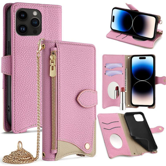 For iPhone 14 Pro Crossbody Chain Fishtail Litchi Leather Phone Case(Pink)