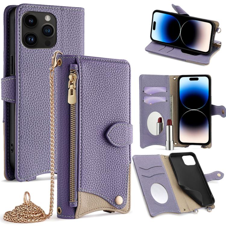 For iPhone 14 Pro Crossbody Chain Fishtail Litchi Leather Phone Case(Purple) - iPhone 14 Pro Cases by buy2fix | Online Shopping UK | buy2fix