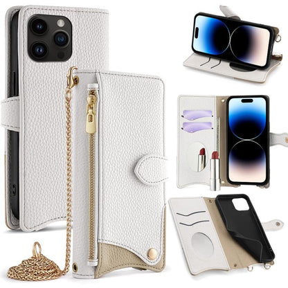 For iPhone 14 Pro Crossbody Chain Fishtail Litchi Leather Phone Case(White) - iPhone 14 Pro Cases by buy2fix | Online Shopping UK | buy2fix
