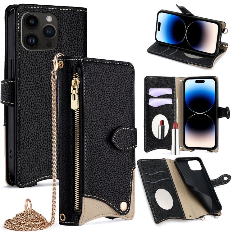 For iPhone 14 Pro Max Crossbody Chain Fishtail Litchi Leather Phone Case(Black) - iPhone 14 Pro Max Cases by buy2fix | Online Shopping UK | buy2fix
