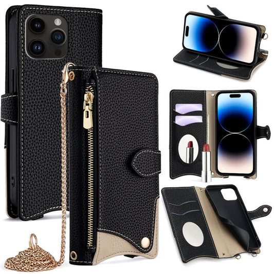 For iPhone 14 Pro Max Crossbody Chain Fishtail Litchi Leather Phone Case(Black) - iPhone 14 Pro Max Cases by buy2fix | Online Shopping UK | buy2fix