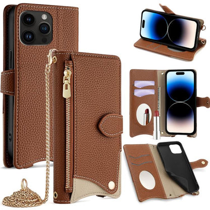 For iPhone 14 Pro Max Crossbody Chain Fishtail Litchi Leather Phone Case(Brown) - iPhone 14 Pro Max Cases by buy2fix | Online Shopping UK | buy2fix