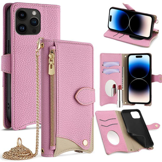For iPhone 14 Pro Max Crossbody Chain Fishtail Litchi Leather Phone Case(Pink) - iPhone 14 Pro Max Cases by buy2fix | Online Shopping UK | buy2fix