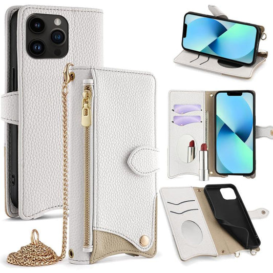 For iPhone 13 Pro Max Crossbody Chain Fishtail Litchi Leather Phone Case(White) - iPhone 13 Pro Max Cases by buy2fix | Online Shopping UK | buy2fix