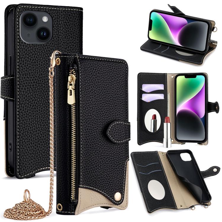 For iPhone 13 Crossbody Chain Fishtail Litchi Leather Phone Case(Black) - iPhone 13 Cases by buy2fix | Online Shopping UK | buy2fix