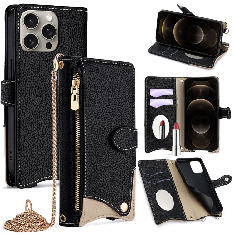 For iPhone 12 Pro Max Crossbody Chain Fishtail Litchi Leather Phone Case(Black) - iPhone 12 Pro Max Cases by buy2fix | Online Shopping UK | buy2fix