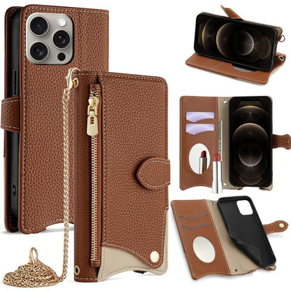 For iPhone 12 Pro Max Crossbody Chain Fishtail Litchi Leather Phone Case(Brown) - iPhone 12 Pro Max Cases by buy2fix | Online Shopping UK | buy2fix