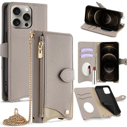 For iPhone 12 Pro Max Crossbody Chain Fishtail Litchi Leather Phone Case(Grey) - iPhone 12 Pro Max Cases by buy2fix | Online Shopping UK | buy2fix