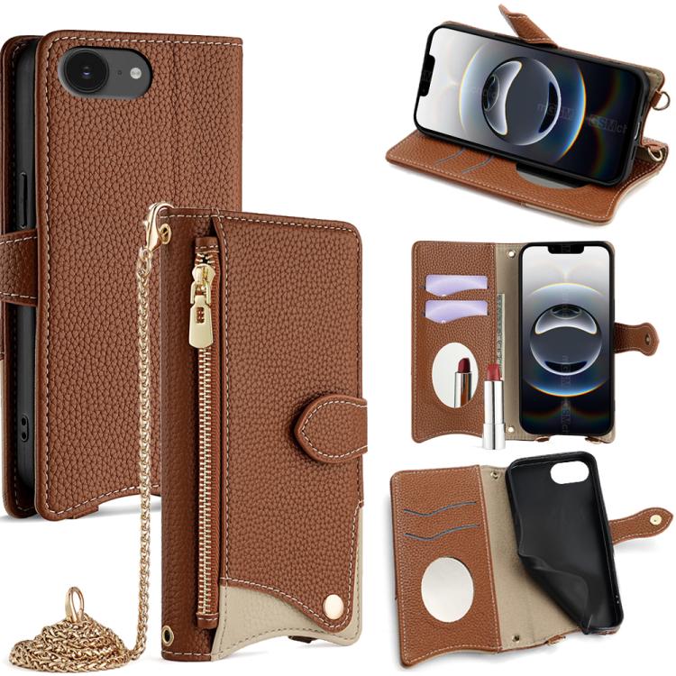 For iPhone 16e Crossbody Chain Fishtail Litchi Leather Phone Case(Brown) - iPhone 16e Cases by buy2fix | Online Shopping UK | buy2fix