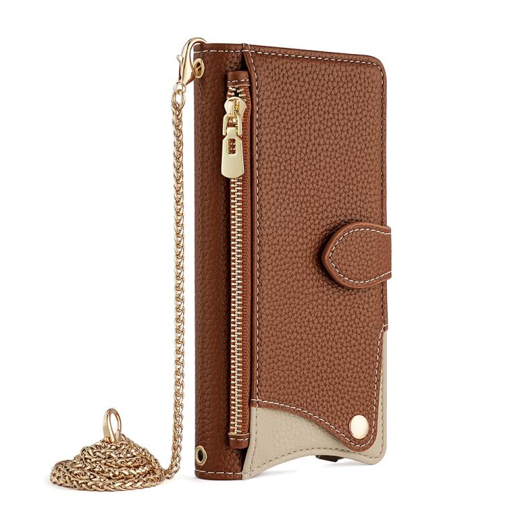 For iPhone 16e Crossbody Chain Fishtail Litchi Leather Phone Case(Brown) - iPhone 16e Cases by buy2fix | Online Shopping UK | buy2fix