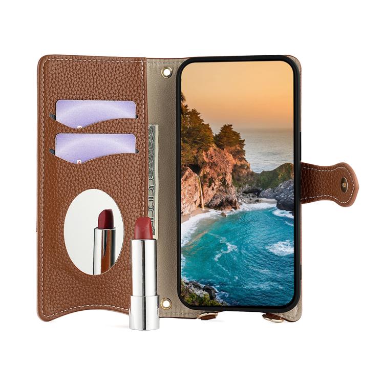 For iPhone 16e Crossbody Chain Fishtail Litchi Leather Phone Case(Brown) - iPhone 16e Cases by buy2fix | Online Shopping UK | buy2fix
