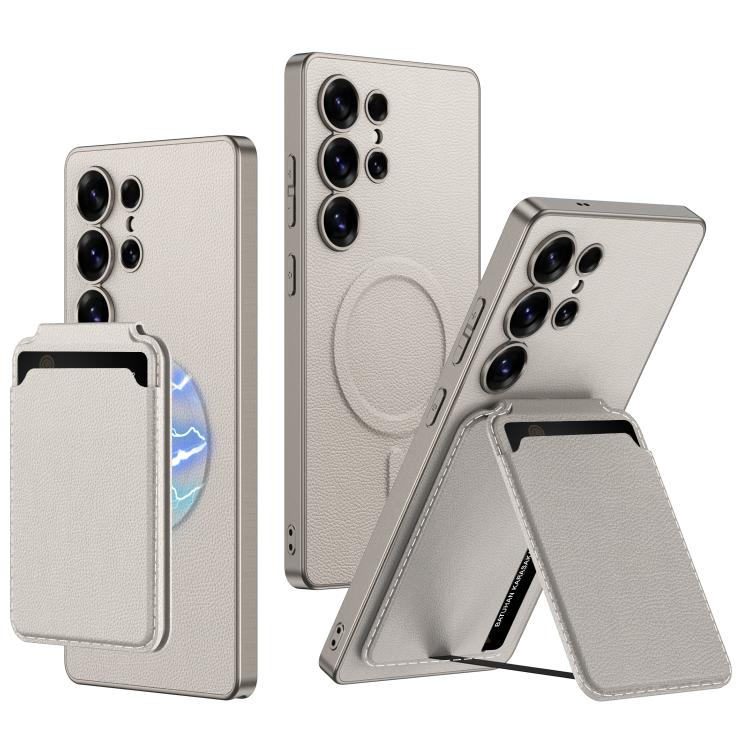 For Samsung Galaxy S25 Ultra 5G GKK Metal Paint Skin Feel Leather Crad Bag MagSafe Phone Case With Holder(Titanium Gray) - Galaxy S25 Ultra 5G Cases by GKK | Online Shopping UK | buy2fix