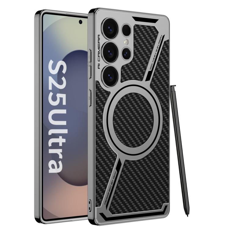 For Samsung Galaxy S25 Ultra 5G GKK Electroplating Leather Z-Shape MagSafe Phone Case, Not Included Pen(Carbon Fiber) - Galaxy S25 Ultra 5G Cases by GKK | Online Shopping UK | buy2fix