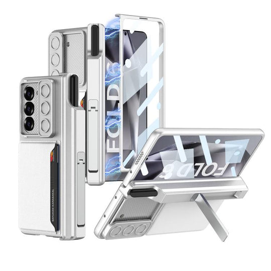 For Samsung Galaxy Z Fold6 GKK Integrated Magnetic Folding Hinge Sliding Lens Cover Card Bag Phone Case with Pen Slots(Silver)