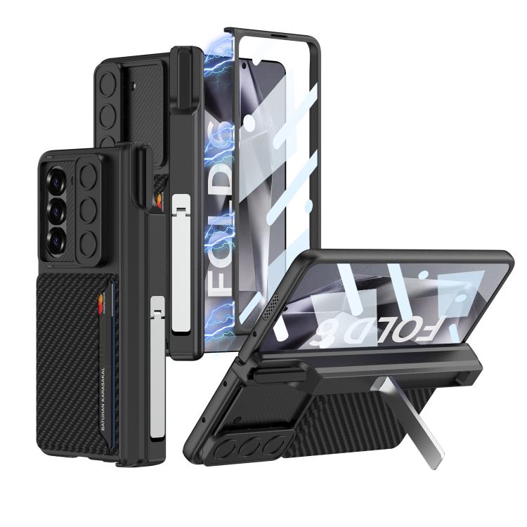 For Samsung Galaxy Z Fold6 GKK Integrated Magnetic Folding Hinge Sliding Lens Cover Card Bag Phone Case with Pen Slots(Carbon Fiber) - Galaxy Z Fold6 5G Cases by GKK | Online Shopping UK | buy2fix