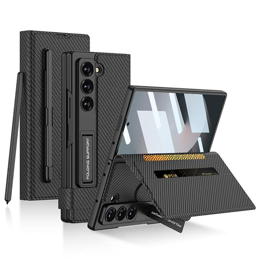 For Samsung Galaxy Z Fold6 GKK Integrated Flip Wallet Leather Phone Case with Pen Slots, Not Included Pen(Carbon Fiber Texture)