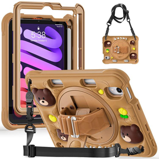 For iPad mini 2024 / mini 6 Bear Rotation Kickstand Silicone Hybrid PC Tablet Case(Brown)