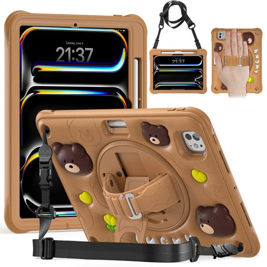 For iPad Pro 11 2024 Bear Rotation Kickstand Silicone Hybrid PC Tablet Case(Brown) - iPad Pro 11 2024 Cases by buy2fix | Online Shopping UK | buy2fix