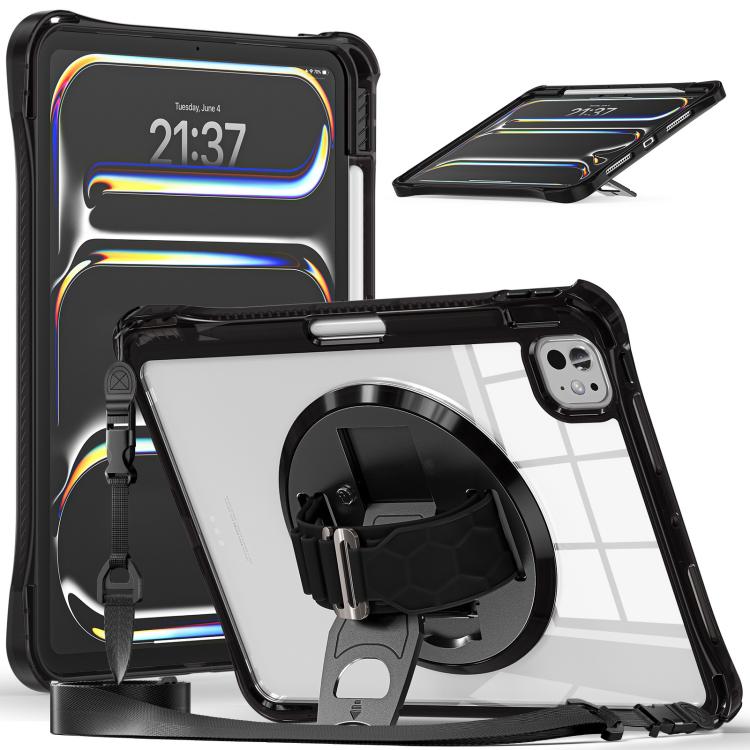 For iPad Pro 13 2024 Rotation Grip Holder TPU Hybrid Clear PC Tablet Case(Black) - iPad Pro 13 2024 Cases by buy2fix | Online Shopping UK | buy2fix