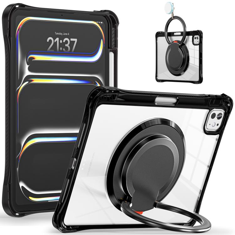 For iPad Pro 13 2024 Rotation Ring Handle TPU Hybrid Clear PC Tablet Case(Black) - iPad Pro 13 2024 Cases by buy2fix | Online Shopping UK | buy2fix