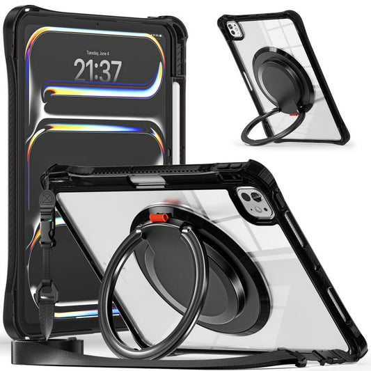 For iPad Pro 11 2024 Rotation Ring Handle TPU Hybrid Clear PC Tablet Case(Black) - iPad Pro 11 2024 Cases by buy2fix | Online Shopping UK | buy2fix