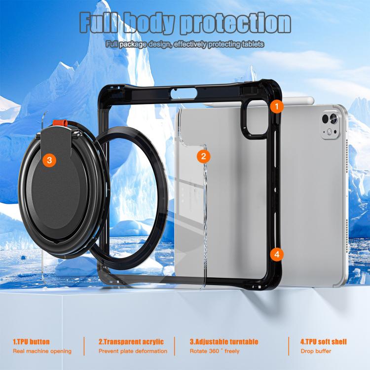 For iPad Pro 11 2024 Rotation Ring Handle TPU Hybrid Clear PC Tablet Case(Black) - iPad Pro 11 2024 Cases by buy2fix | Online Shopping UK | buy2fix