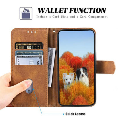 For iPhone 16e TTUDRCH Embossed Line Splicing Leather Phone Case(Brown) - iPhone 16e Cases by buy2fix | Online Shopping UK | buy2fix