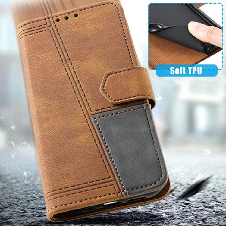 For iPhone 16e TTUDRCH Embossed Line Splicing Leather Phone Case(Brown) - iPhone 16e Cases by buy2fix | Online Shopping UK | buy2fix