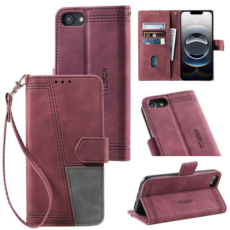 For iPhone 16e TTUDRCH Embossed Line Splicing Leather Phone Case(Wine Red) - iPhone 16e Cases by buy2fix | Online Shopping UK | buy2fix