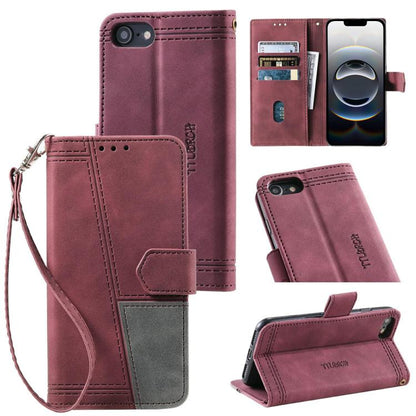 For iPhone 16e TTUDRCH Embossed Line Splicing Leather Phone Case(Wine Red) - iPhone 16e Cases by buy2fix | Online Shopping UK | buy2fix