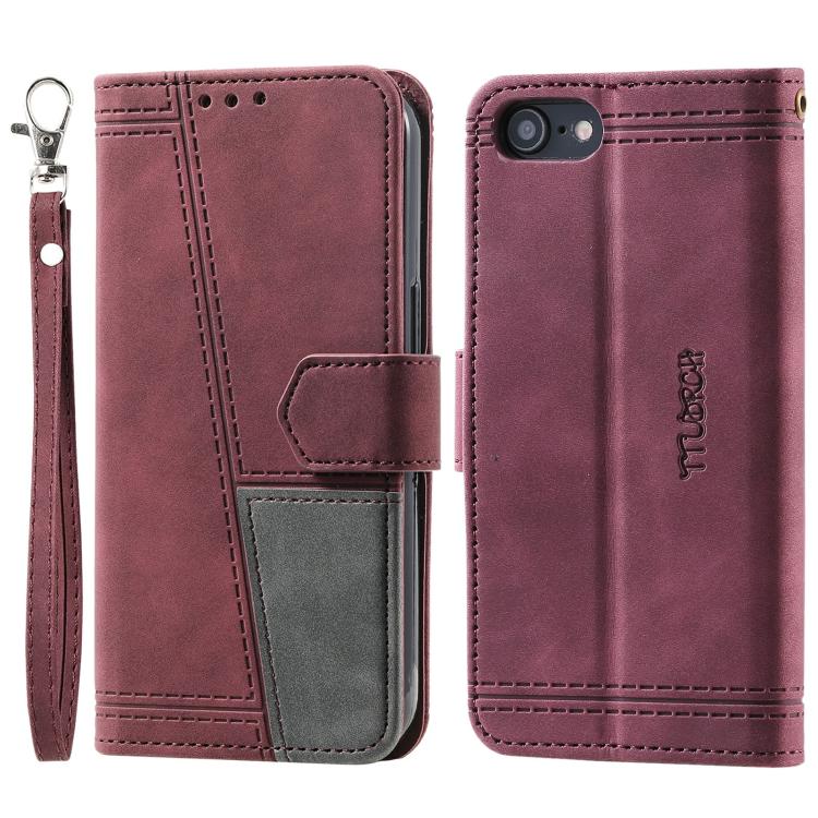For iPhone 16e TTUDRCH Embossed Line Splicing Leather Phone Case(Wine Red) - iPhone 16e Cases by buy2fix | Online Shopping UK | buy2fix