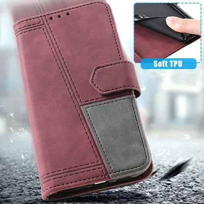 For iPhone 16e TTUDRCH Embossed Line Splicing Leather Phone Case(Wine Red) - iPhone 16e Cases by buy2fix | Online Shopping UK | buy2fix