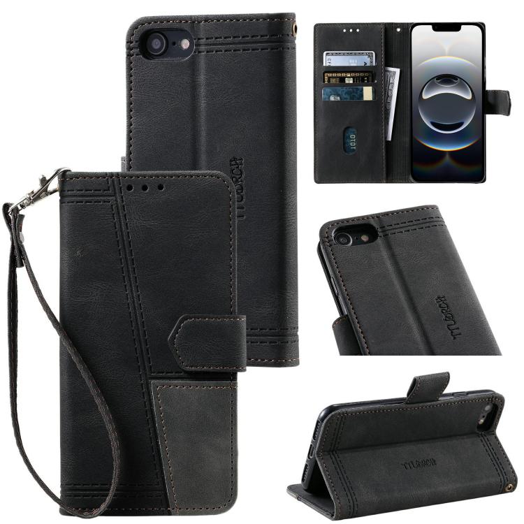 For iPhone 16e TTUDRCH Embossed Line Splicing Leather Phone Case(Black) - iPhone 16e Cases by buy2fix | Online Shopping UK | buy2fix