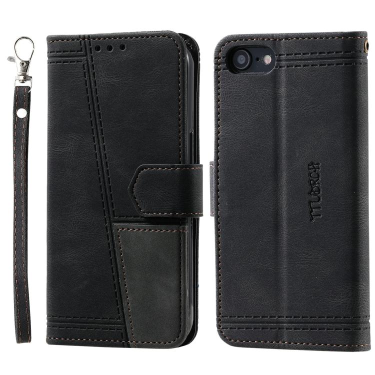 For iPhone 16e TTUDRCH Embossed Line Splicing Leather Phone Case(Black) - iPhone 16e Cases by buy2fix | Online Shopping UK | buy2fix