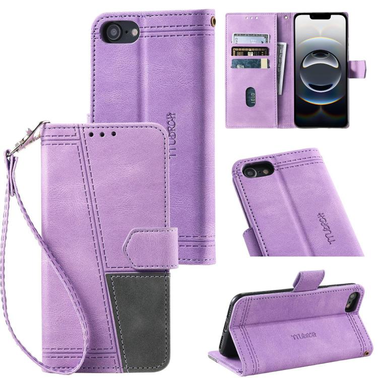 For iPhone 16e TTUDRCH Embossed Line Splicing Leather Phone Case(Purple) - iPhone 16e Cases by buy2fix | Online Shopping UK | buy2fix