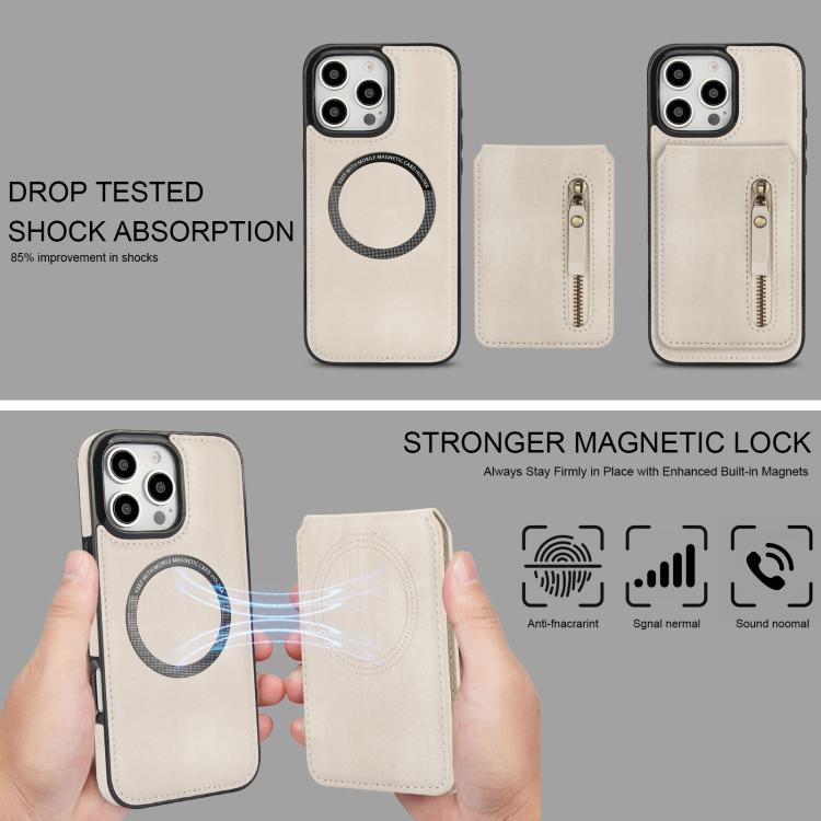 For iPhone 16 Pro Max Zipper Wallet Split MagSafe Leather Back Phone Case(White) - iPhone 16 Pro Max Cases by buy2fix | Online Shopping UK | buy2fix