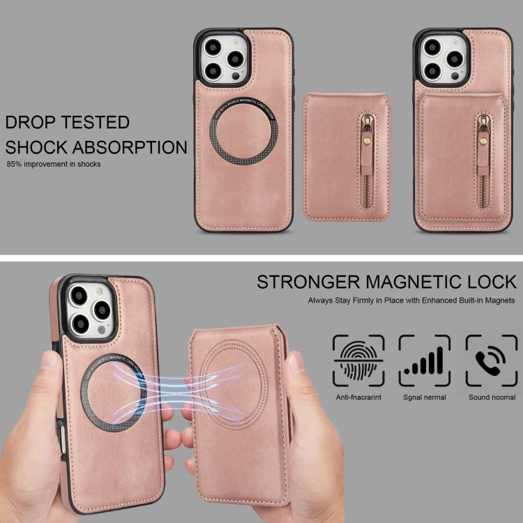 For iPhone 16 Pro Max Zipper Wallet Split MagSafe Leather Back Phone Case(Rose Gold) - iPhone 16 Pro Max Cases by buy2fix | Online Shopping UK | buy2fix