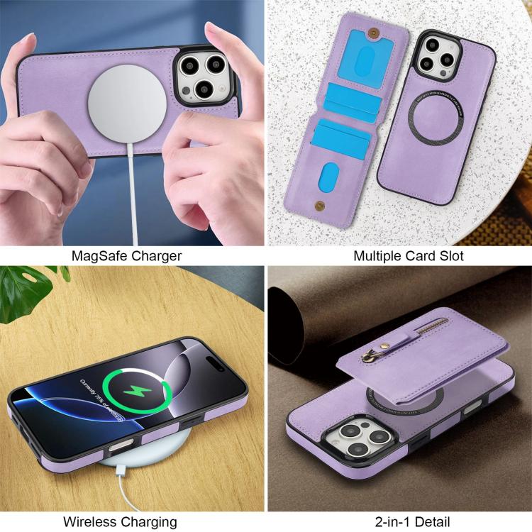 For iPhone 16 Pro Max Zipper Wallet Split MagSafe Leather Back Phone Case(Purple) - iPhone 16 Pro Max Cases by buy2fix | Online Shopping UK | buy2fix