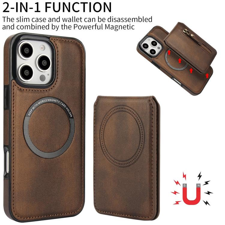 For iPhone 16 Pro Max Zipper Wallet Split MagSafe Leather Back Phone Case(Brown) - iPhone 16 Pro Max Cases by buy2fix | Online Shopping UK | buy2fix
